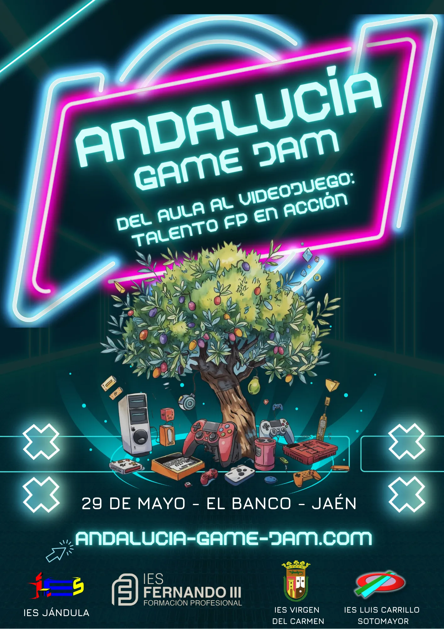 Cartel oficial de Andalucía Game Jam 2026 — Del aula al videojuego, talento FP en acción. 29 de mayo de 2026, Edificio El Banco, Jaén.